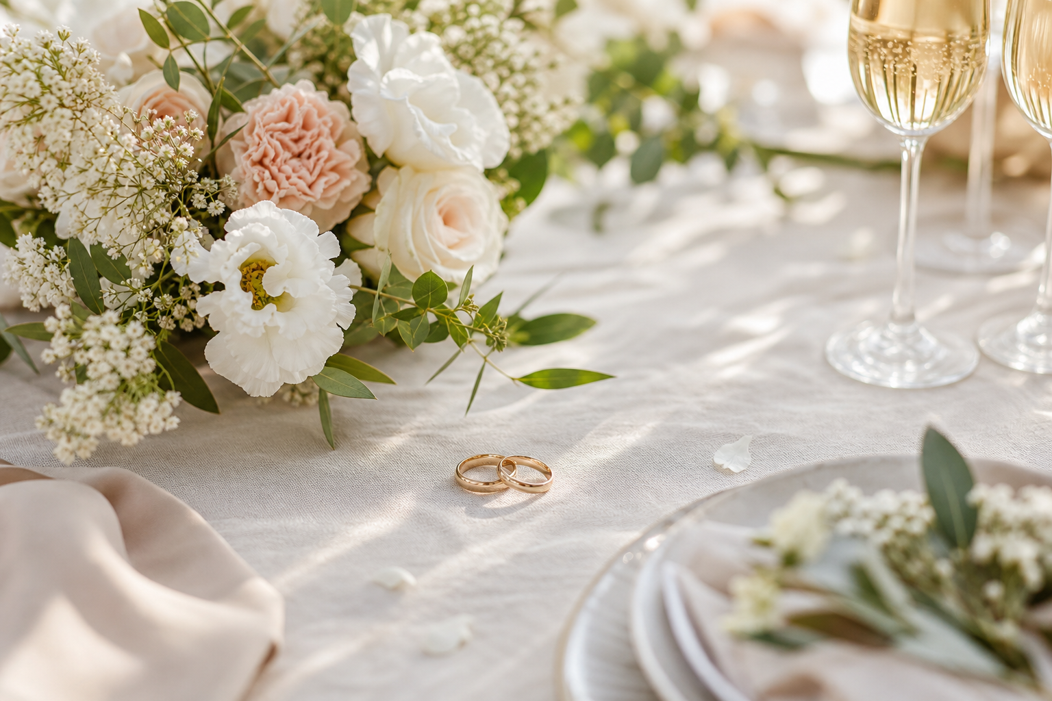 Souvenirs de mariage avec bouquet et alliances